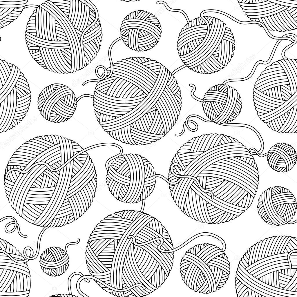 Seamless pattern for coloring book. Hand-drawn decorative elements in vector. Black and white. Vector illustration outline drawing yarn balls. Zentangle.