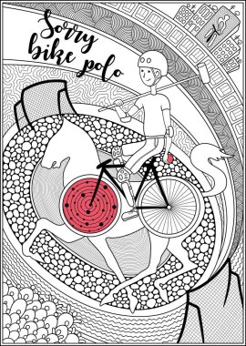   Polo bike player with bat and ball. Poster on a bicycle theme. Can be used as a poster on the wall, print on a t-shirt, magazine cover, coloring page for adults.  clipart