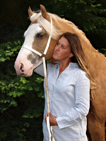 Красивая женщина и лошадь — стоковое фото