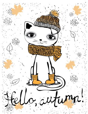 şirin kedi sonbahar için davetiye, tebrik kartı tasarım, tişört baskı, ilham poster.