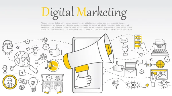 Fond de marketing numérique avec des éléments doodles — Image vectorielle