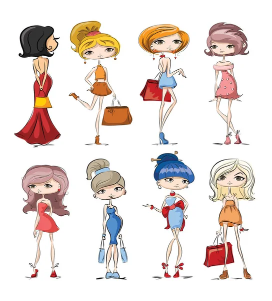 Conjunto de chicas de moda con estilo lindo — Vector de stock