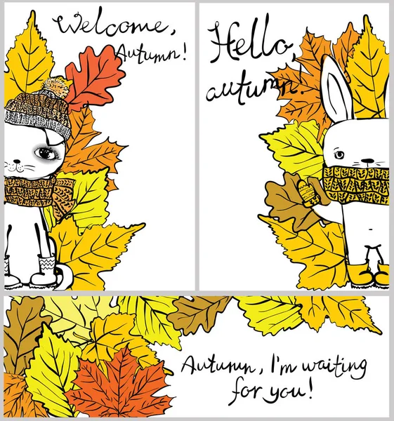 ウサギと猫と秋のグリーティング カード — ストックベクタ