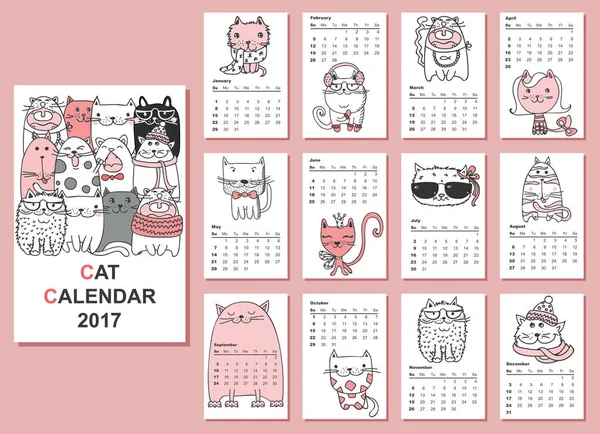 2017 kalendarz, śliczne koty — Wektor stockowy