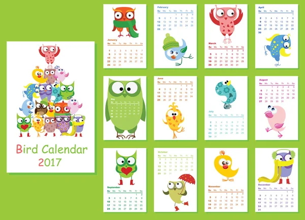 Kalender 2017 med ugglor och fåglar — Stock vektor
