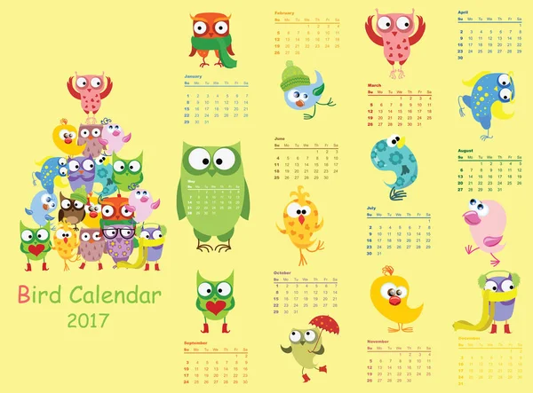 Kalendář 2017 s sovy a ptáci — Stockový vektor