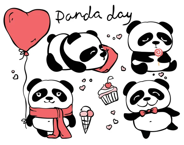 Set di orso panda carino disegnato a mano — Vettoriale Stock