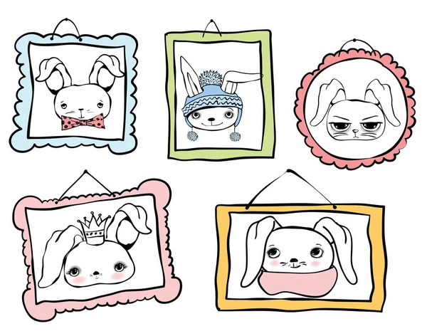Set schattig konijn avatars portretten. — Stockvector