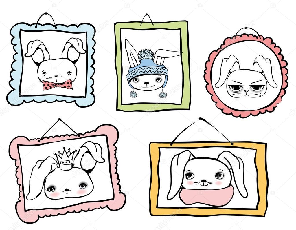 Set of cute rabbit avatars portraits.