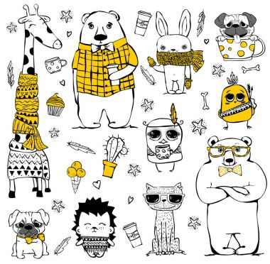 şirin doodle hipster hayvanlar kümesi