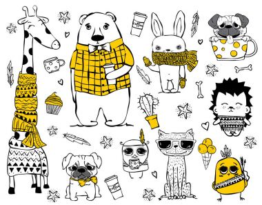 şirin doodle hipster hayvanlar kümesi