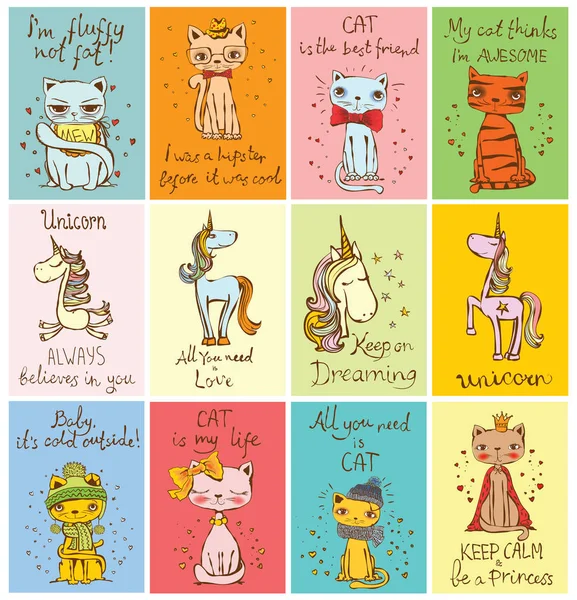 Cărți cu pisici drăguțe și unicorni magici — Vector de stoc