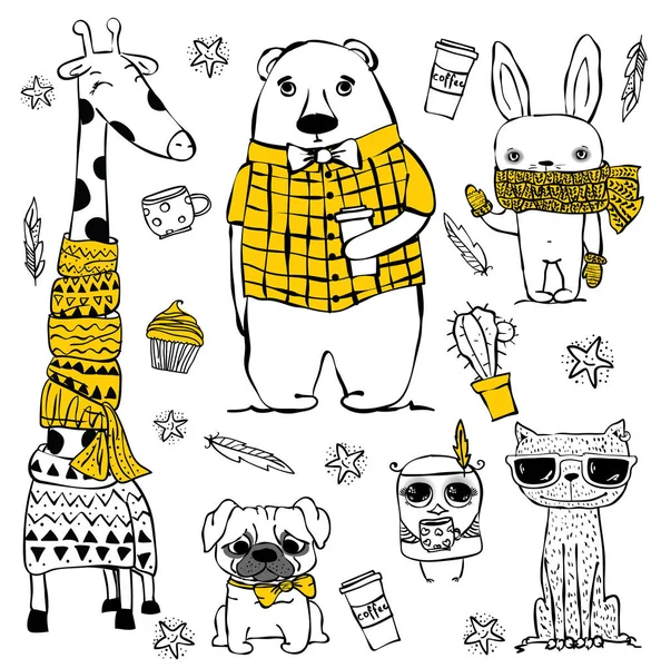 Aranyos doodle csípő állatcsoport — Stock Vector