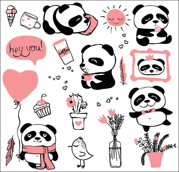 Panda doodle gyerek készlet. — Stock Vector