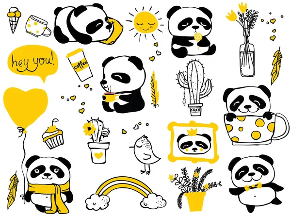 Panda doodle kid set. — Stock vektor