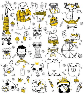 Şirin doodle hipster hayvanlar