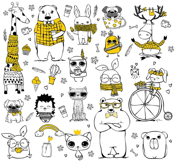 น่ารัก doodle สัตว์ฮิปสเตอร์ — ภาพเวกเตอร์สต็อก