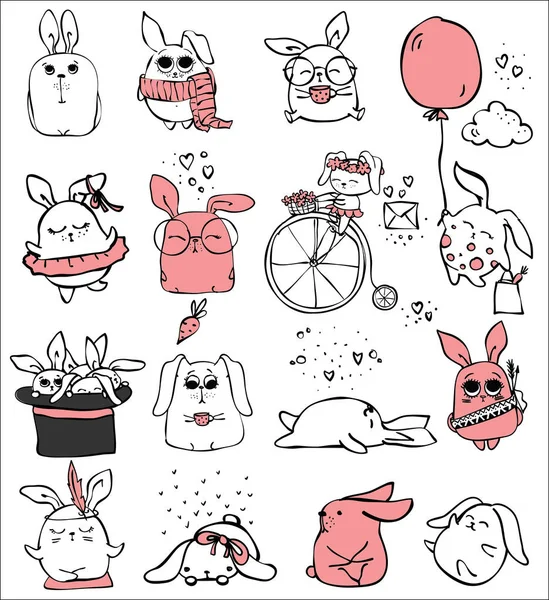 Cartão bonito com coelhos doodle —  Vetores de Stock