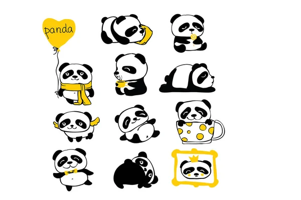 Cartão bonito com pandas doodle — Vetor de Stock