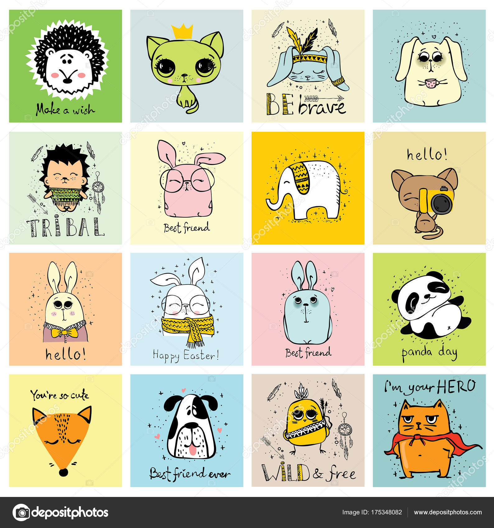 Vector Cards Cute Animals Simple Design Funny Lettering Kid\'s ...