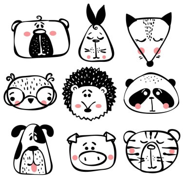 Vektör kartları şirin mutlu hayvan yüzleri ve eğlence ile çizilmiş yazı ver. Çocuğun iç mekanlar, afiş ve posterler için mükemmel.