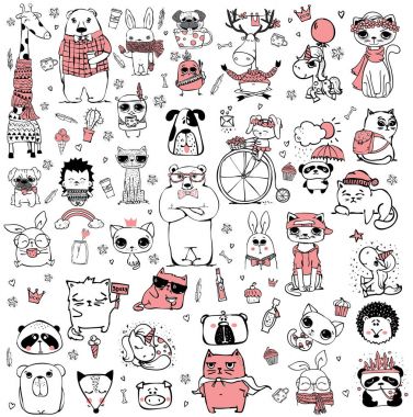 Vektör şirin doodle hipster ve kabile stili hayvanlar kümesi. Mükemmel tebrik kartları tasarım, tişört baskı ve çocuğun posterler için