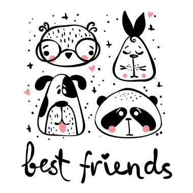 Vektör kartları şirin mutlu hayvan yüzleri ve eğlence ile çizilmiş yazı ver. Çocuğun iç mekanlar, afiş ve posterler için mükemmel.