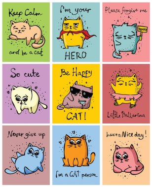 Sevimli komik kediler ve elle çizilmiş metin vektör kartlarla büyük kümesi