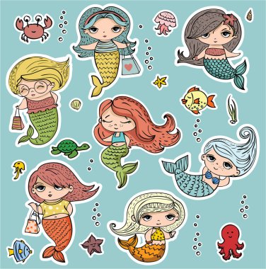 Hayvanlar Komik deniz ve deniz altında şirin moda Deniz kızları ile vektör yaz ayarla