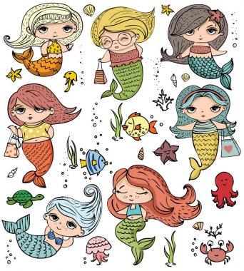 Hayvanlar Komik deniz ve deniz altında şirin moda Deniz kızları ile vektör yaz ayarla