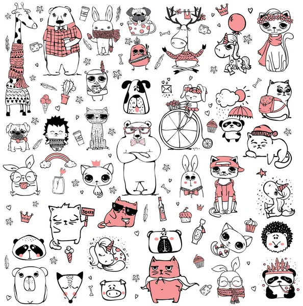 Vector Set Cute Doodle Hipster Tribal Style Animals Perfect Greeting — Stock Vector