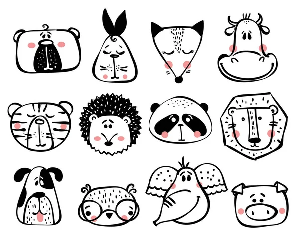 Tarjetas Vectoriales Con Caras Lindas Animales Felices Divertidas Letras Dibujadas — Vector de stock