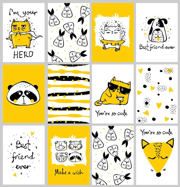 Tarjetas Vectoriales Con Animales Lindos Diseño Simple Letras Divertidas Para — Vector de stock