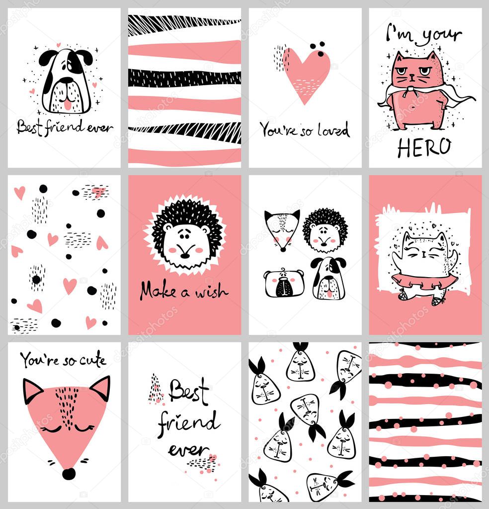 Vector cards with cute animals in simple design and funny lettering for kid's greeting card design, t-shirt print, inspiration poster.