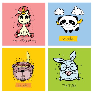 Basit tasarım ve komik yazı sevimli hayvanlar vektör kartlarla çocuğun tebrik kartı tasarımı için t-shirt baskı, ilham poster.