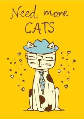 Vektör kartı şirin komik kedi ve elle çizilmiş metin