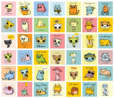 Sevimli komik kediler ve elle çizilmiş metin vektör kartlarla büyük kümesi