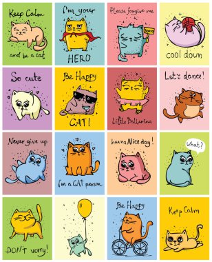 Sevimli komik kediler ve elle çizilmiş metin vektör kartlarla büyük kümesi