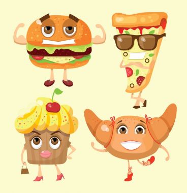 Çizgi film funny gıda fırın karakterleri illüstrasyon-cupcake, pizza, kruvasan ve hamburger duyguları ile vektör
