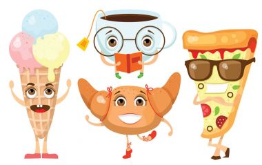 Çizgi film funny gıda karakterleri vektör çizim-pizza, kruvasan, dondurma, çay ve duygularla Kupası