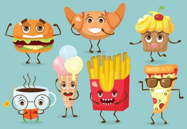 Çizgi film funny gıda karakterleri vektör çizim-cupcake, pizza, kruvasan, dondurma, fincan çay, patates kızartması ve hamburger duygularla