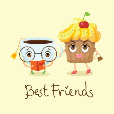 Karikatür komik kek ve bir bardak çay duygularla. Elle çizilmiş yazı kartıyla vektör - en yakın arkadaşlarım