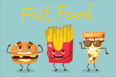 Çizgi film funny gıda karakterleri illüstrasyon-pizza, kızarmış patates ve hamburger duyguları ile vektör