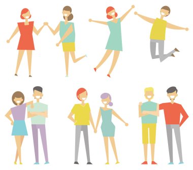 Mutlu moda insanlarından oluşan düz bir grup vektör illüstrasyonu- sonsuza dek en iyi arkadaşlar