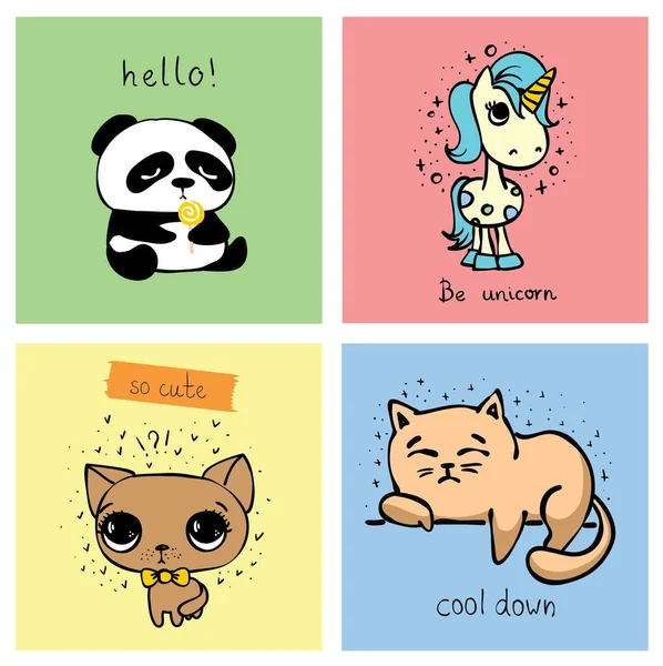 Διάνυσμα Κάρτες Χαριτωμένα Ζώα Απλό Σχέδιο Και Αστεία Γράμματα Για — Διανυσματικό Αρχείο