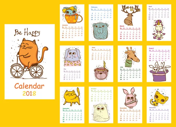 Calendar 2018 Cute Animals Every Month Vector Isolated — Stock Vector