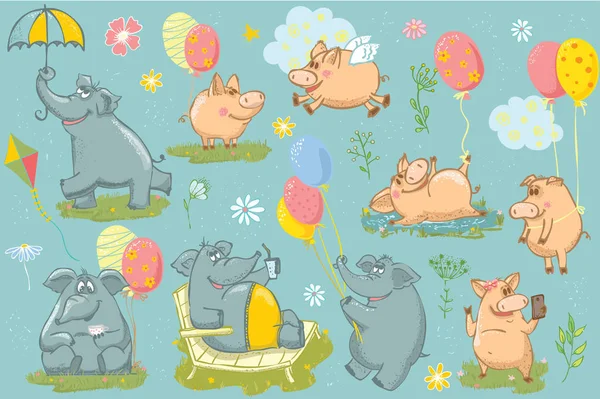 Vektorillustration Mit Farbigen Niedlichen Elefanten Und Schweinen Für Grußkartendesign Shirt — Stockvektor