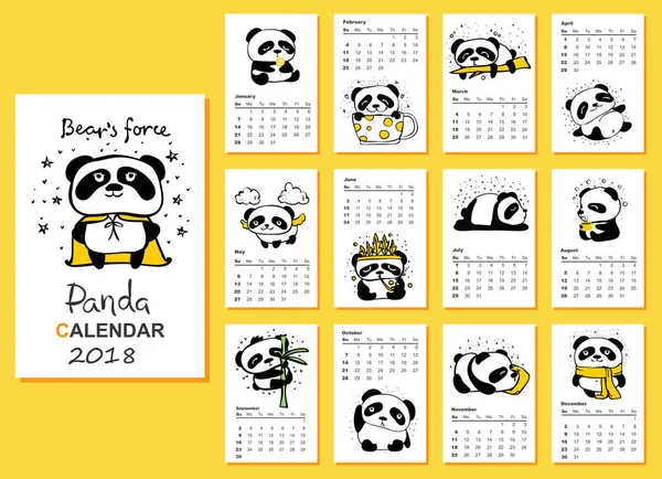 Takvim 2018 Sevimli Pandalar Her Için Vektör Zole — Stok Vektör