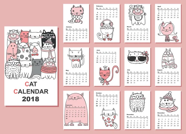 2018 Kalendarza Śliczne Koty Dla Każdego Miesiąca Wektor Białym Tle — Wektor stockowy