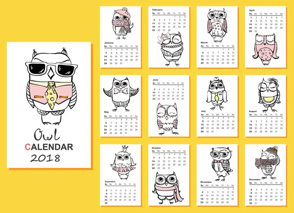 Kalendář 2018 Roztomilé Sovy Ptáci Pro Každý Měsíc Vektor Izolovaný — Stockový vektor